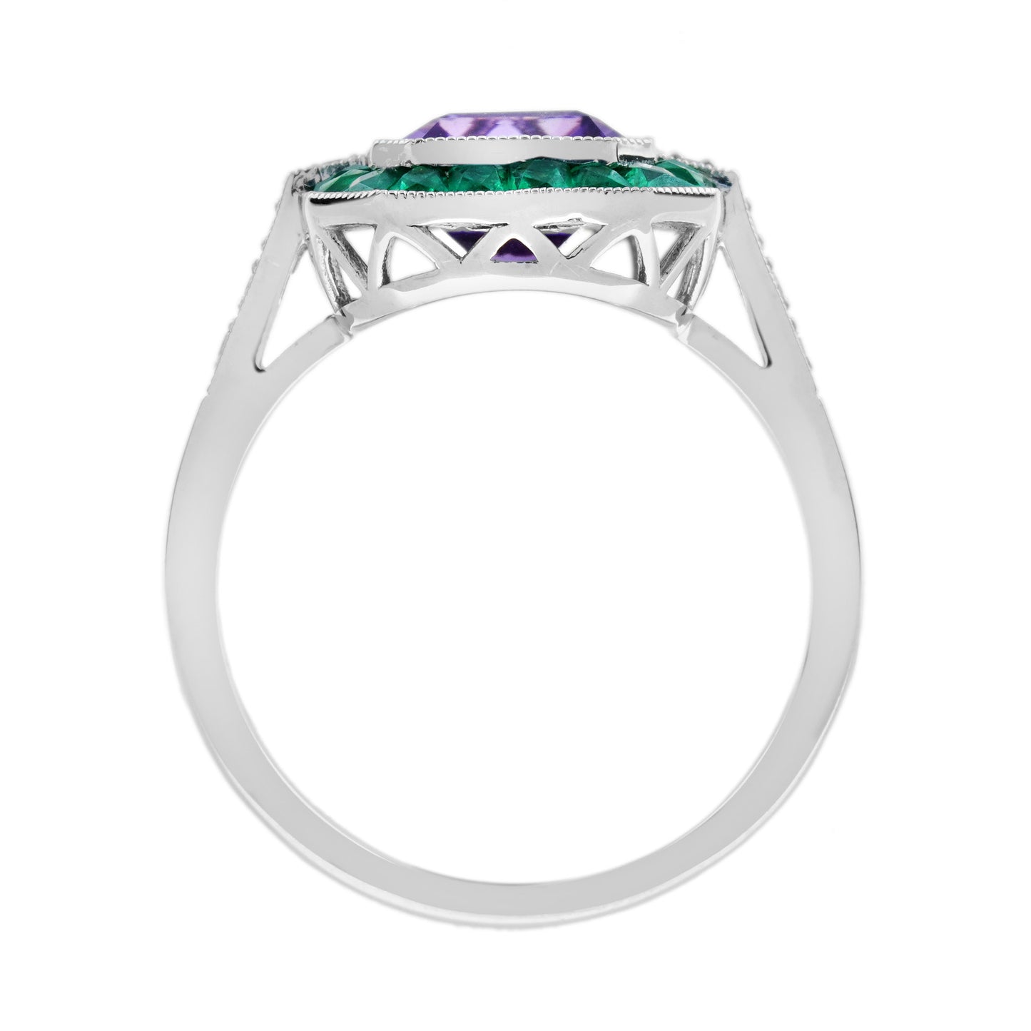 octagon purple violet amethyst emerald diamond art deco style white gold ring
