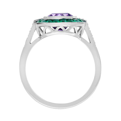 Octagon Purple Violet Amethyst Emerald Diamond Art Deco Style White Gold Ring