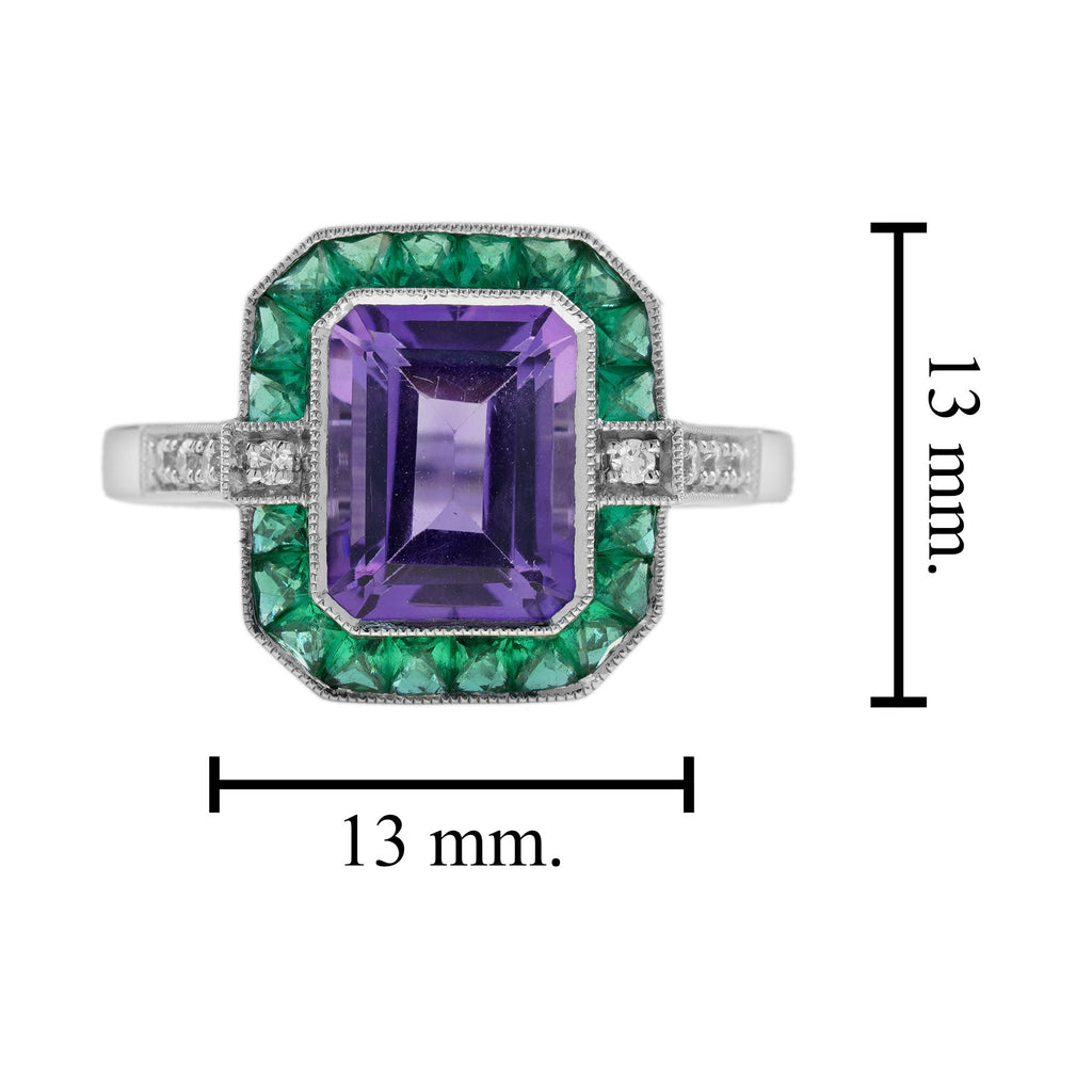 3.87 Ctw Art Deco Style Amethyst & Emerald & Diamond 14K White Gold Ring