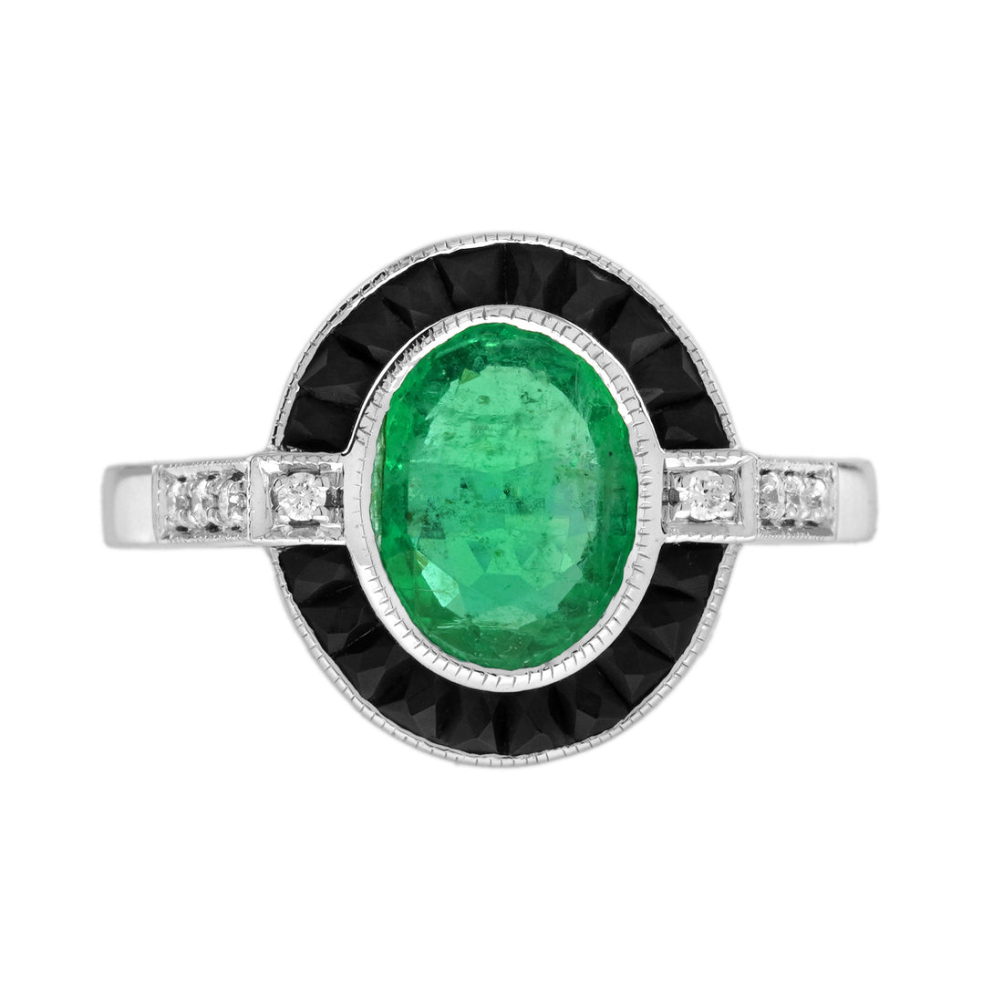 Emerald & Black Onyx and Diamond Art Deco Style Target 14K White Gold Ring