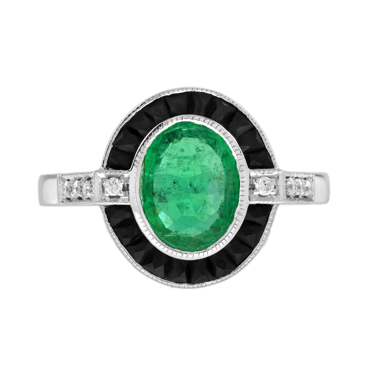 Emerald &amp; Black Onyx and Diamond Art Deco Style Target 14K White Gold Ring