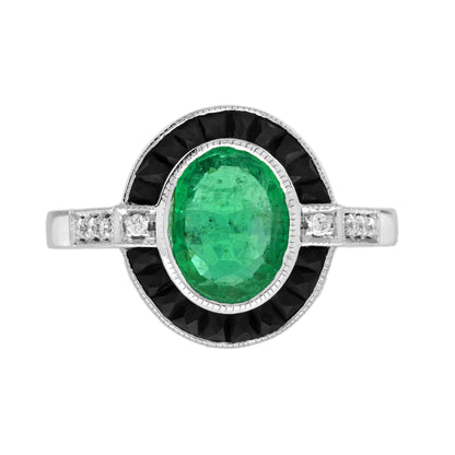Emerald &amp; Black Onyx and Diamond Art Deco Style Target 14K White Gold Ring