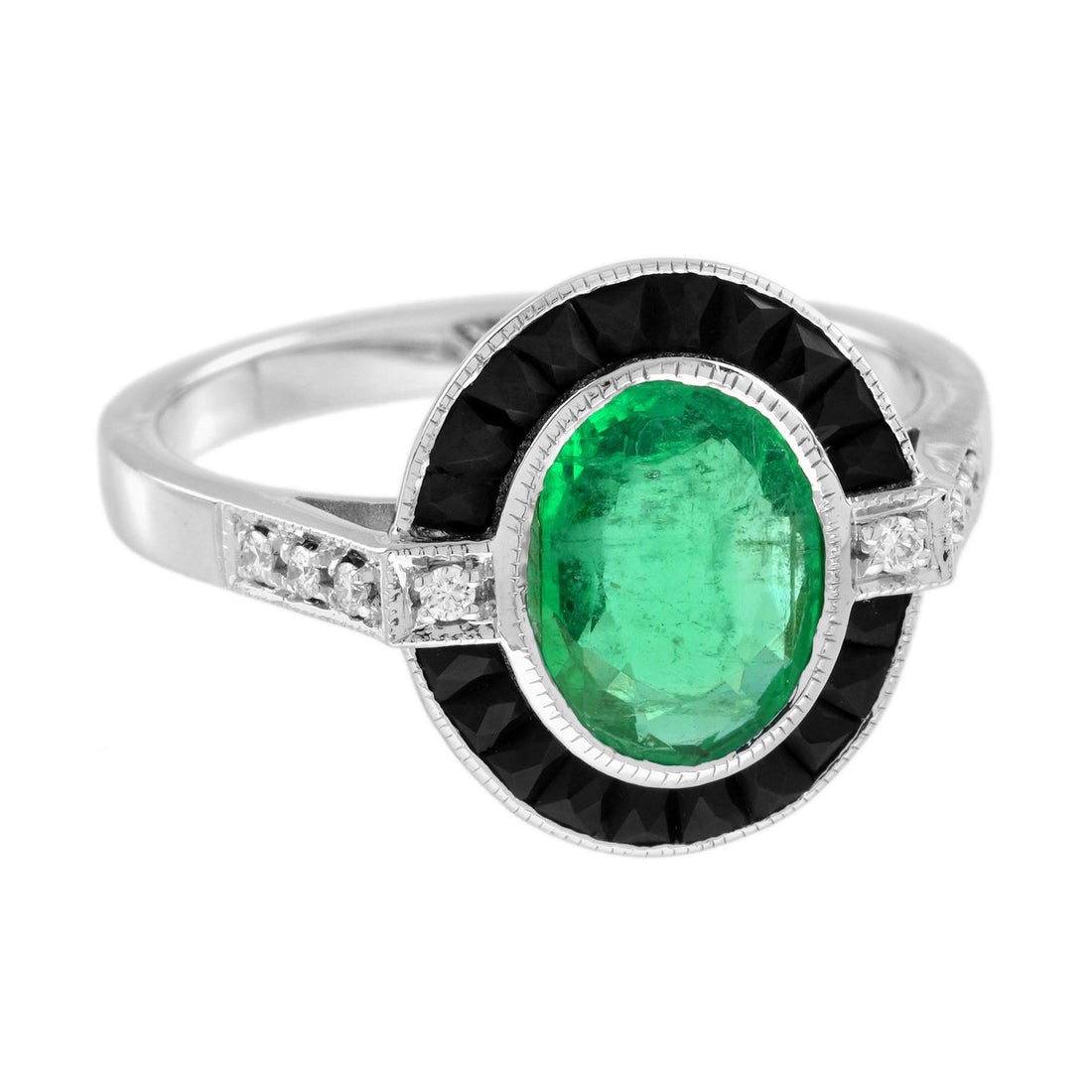 Emerald &amp; Black Onyx and Diamond Art Deco Style Target 14K White Gold Ring