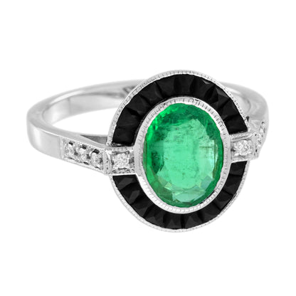 Emerald &amp; Black Onyx and Diamond Art Deco Style Target 14K White Gold Ring