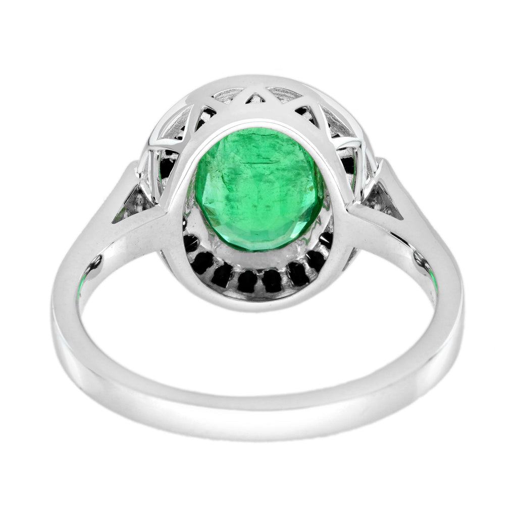 Emerald & Black Onyx and Diamond Art Deco Style Target 14K White Gold Ring