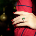 Emerald & Black Onyx and Diamond Art Deco Style Target 14K White Gold Ring