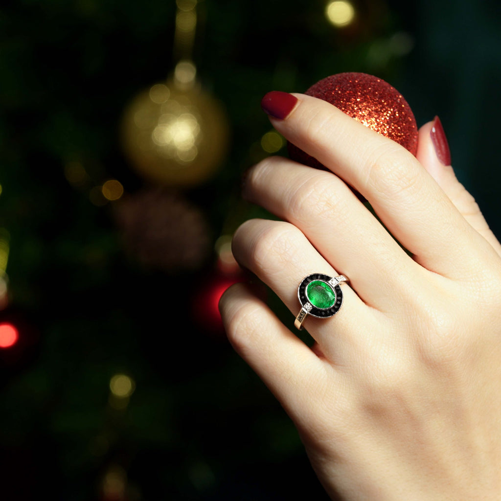 Emerald & Black Onyx and Diamond Art Deco Style Target 14K White Gold Ring