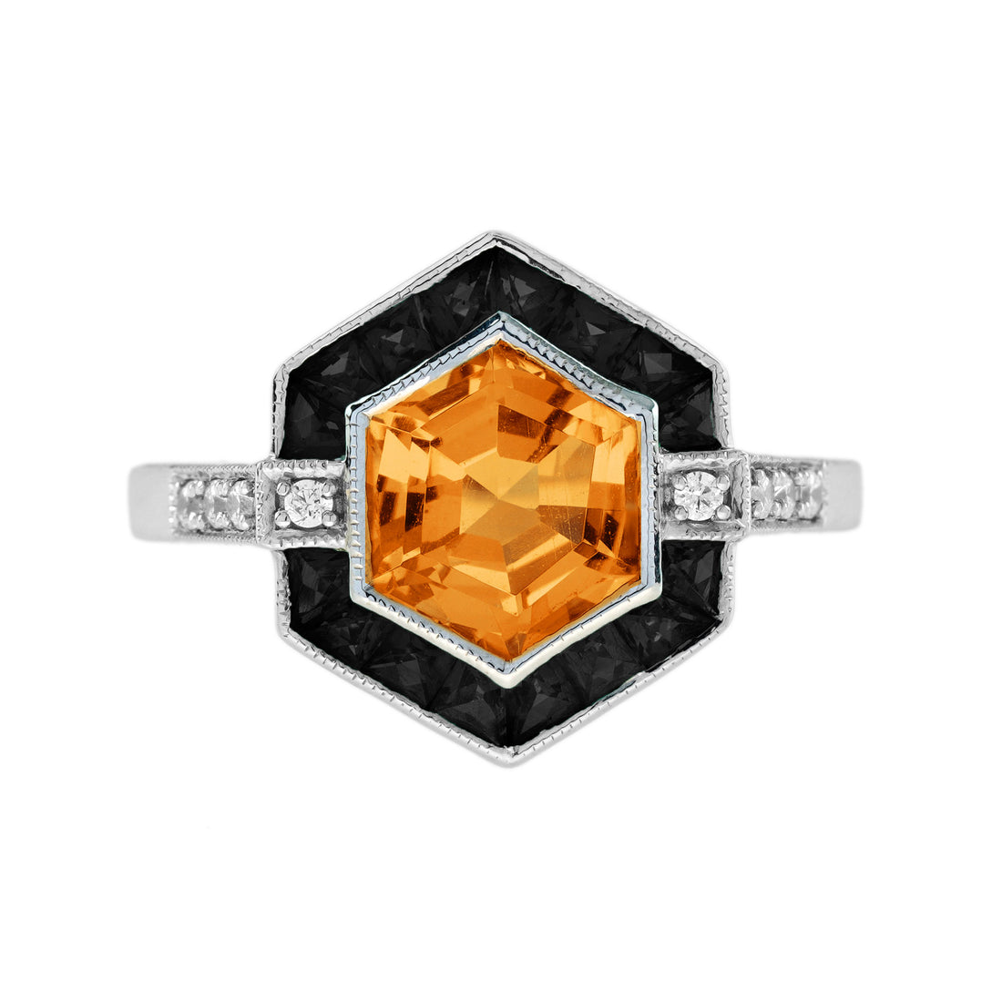 Hexagon Shape Orange Citrine & Black Onyx Diamond Art Deco White Gold Ring