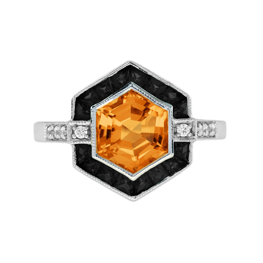 Hexagon Shape Orange Citrine & Black Onyx Diamond Art Deco White Gold Ring