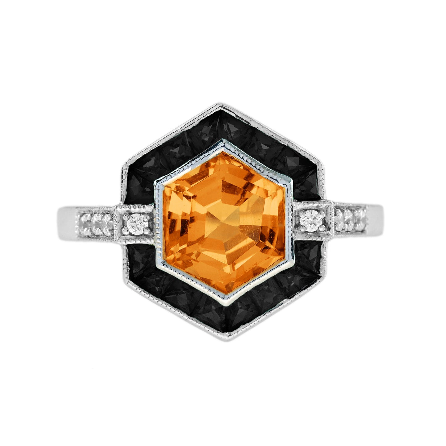 hexagon shape orange citrine & black onyx diamond art deco white gold ring