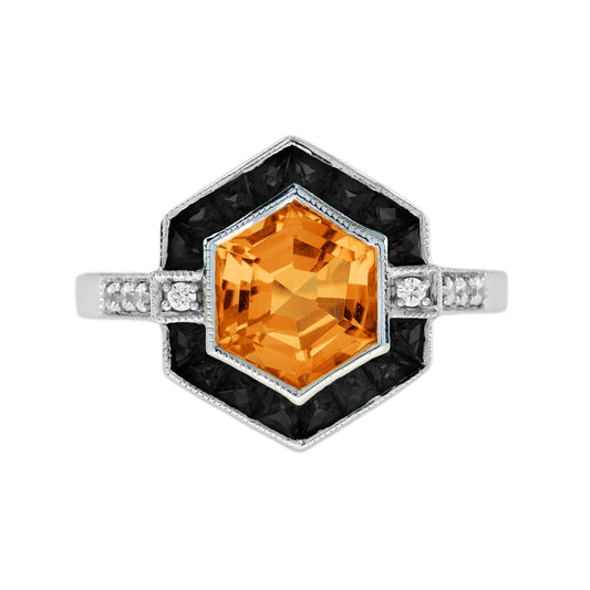 Hexagon Shape Orange Citrine & Black Onyx Diamond Art Deco White Gold Ring
