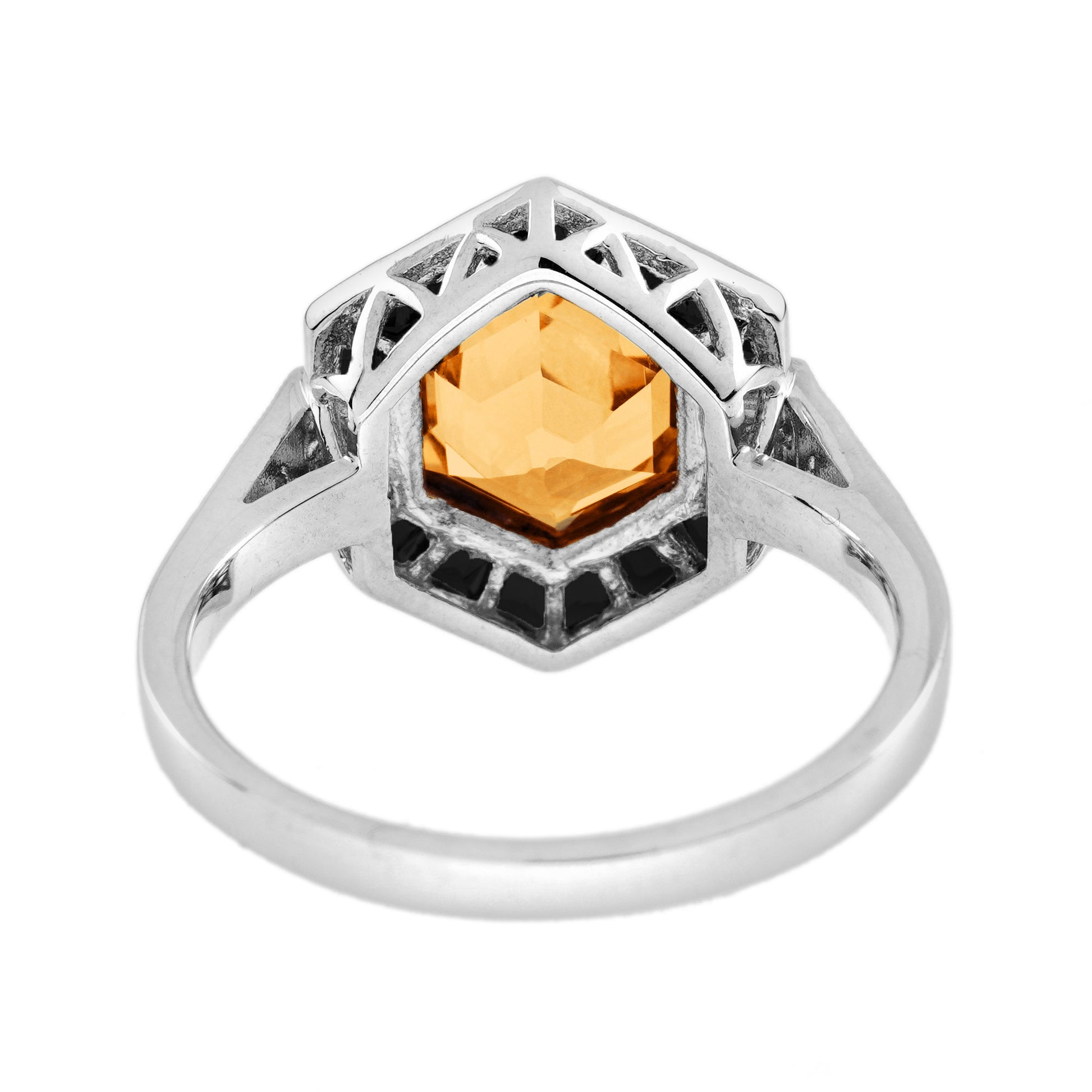 Hexagon Shape Orange Citrine & Black Onyx Diamond Art Deco White Gold Ring