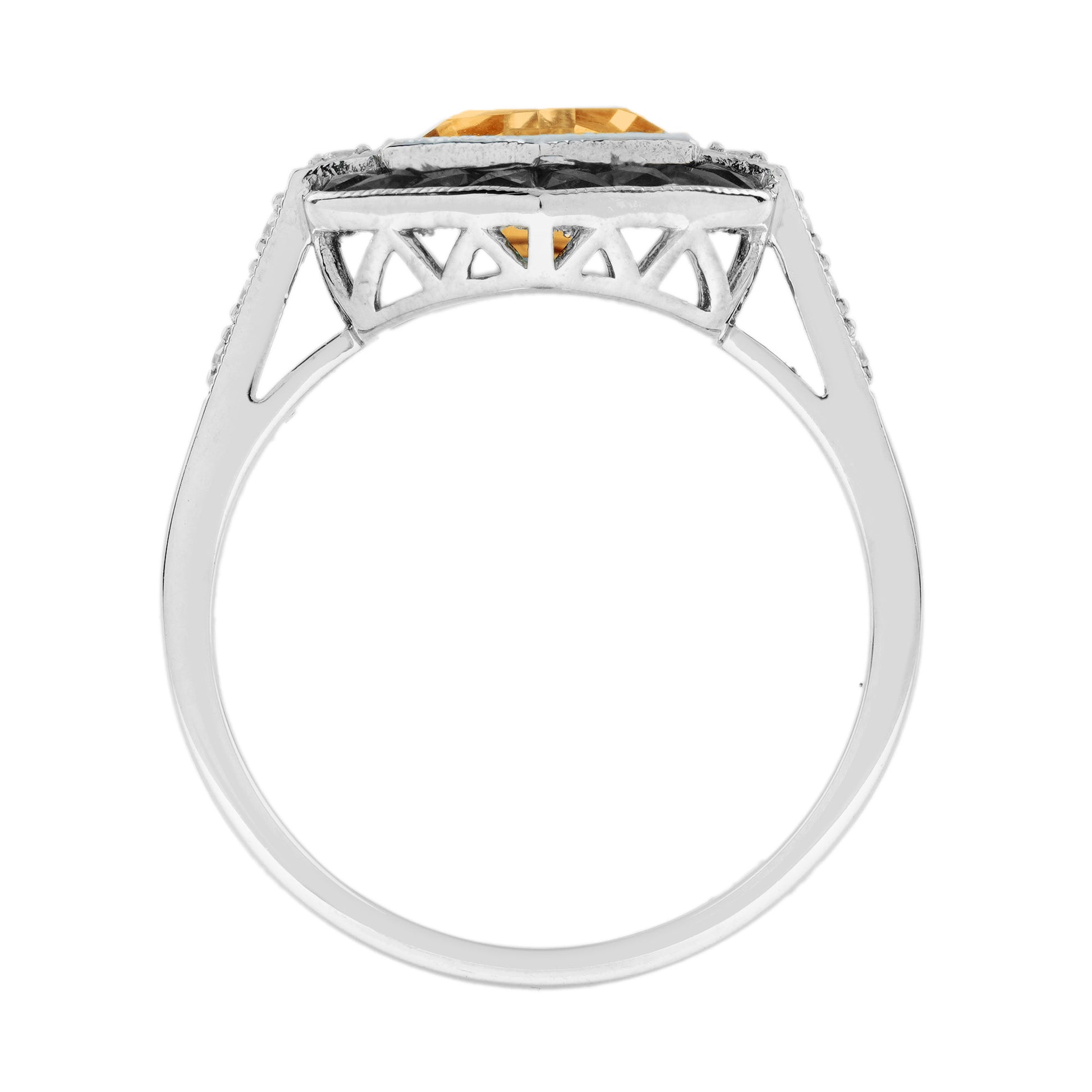 Hexagon Shape Orange Citrine & Black Onyx Diamond Art Deco White Gold Ring