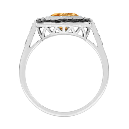 Hexagon Shape Orange Citrine & Black Onyx Diamond Art Deco White Gold Ring