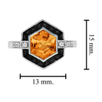 Hexagon Shape Orange Citrine & Black Onyx Diamond Art Deco White Gold Ring