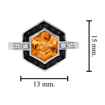 Hexagon Shape Orange Citrine & Black Onyx Diamond Art Deco White Gold Ring