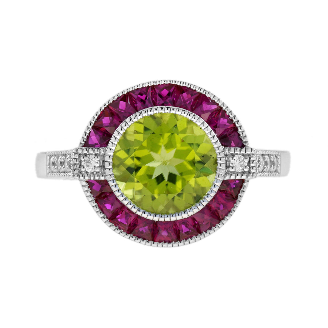 Peridot Ruby Diamond Art Deco Style Celebrate Target 14K White Gold Ring