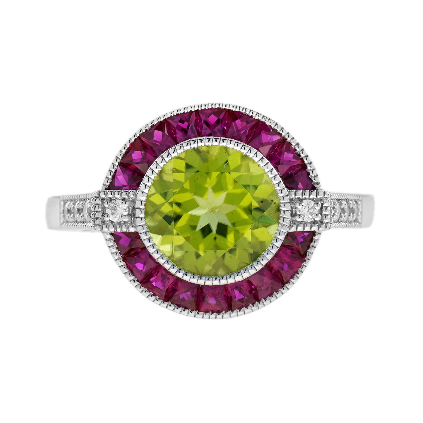 peridot ruby diamond art deco style celebrate target 14k white gold ring