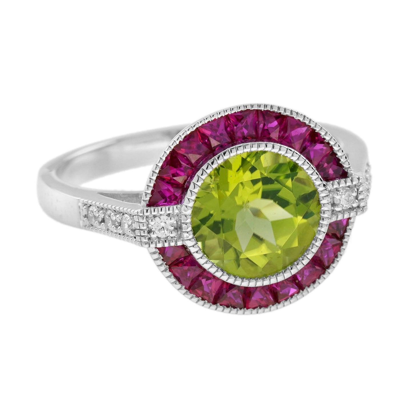 peridot ruby diamond art deco style celebrate target 14k white gold ring