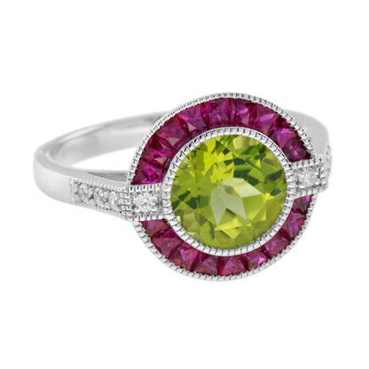 Peridot Ruby Diamond Art Deco Style Celebrate Target 14K White Gold Ring