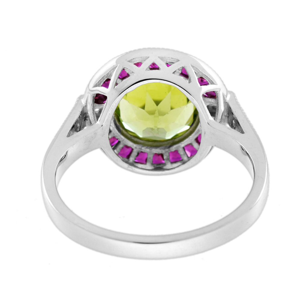 Peridot Ruby Diamond Art Deco Style Celebrate Target 14K White Gold Ring