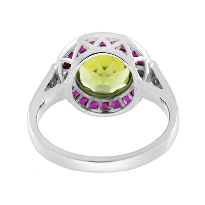Peridot Ruby Diamond Art Deco Style Celebrate Target 14K White Gold Ring