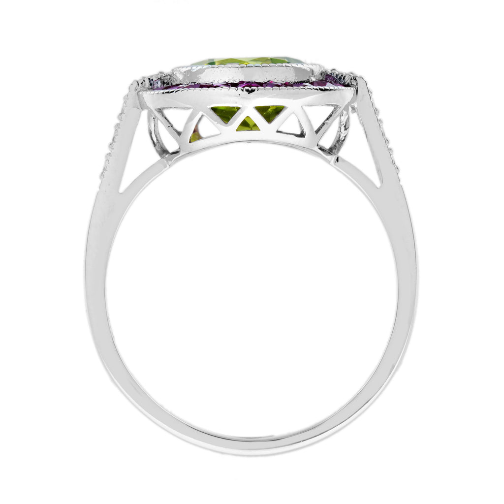 Peridot Ruby Diamond Art Deco Style Celebrate Target 14K White Gold Ring