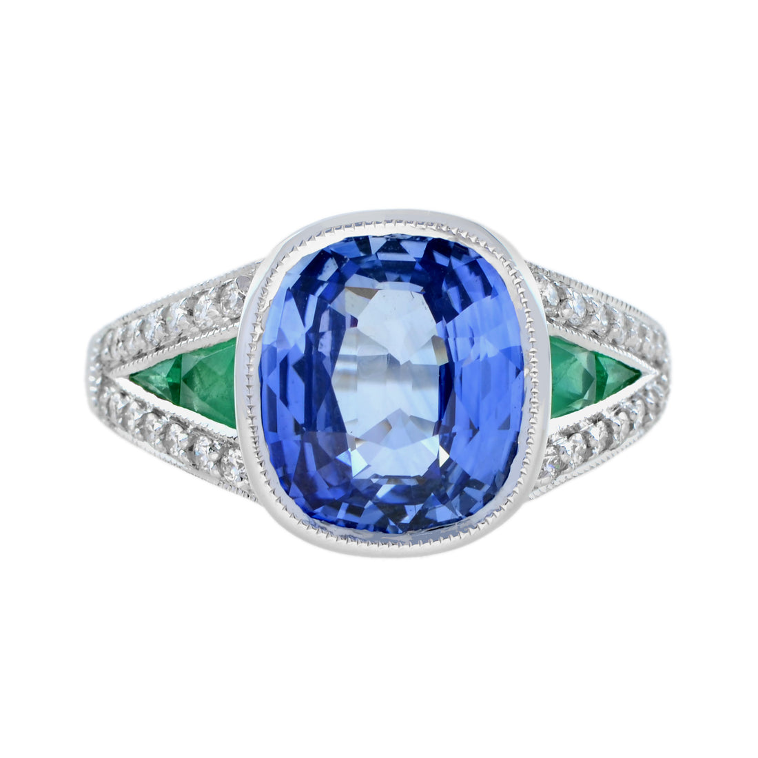Cushion Certified Ceylon Blue Sapphire Emerald Diamond Solitaire White Gold Ring