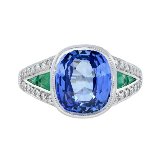 Cushion Certified Ceylon Blue Sapphire Emerald Diamond Solitaire White Gold Ring