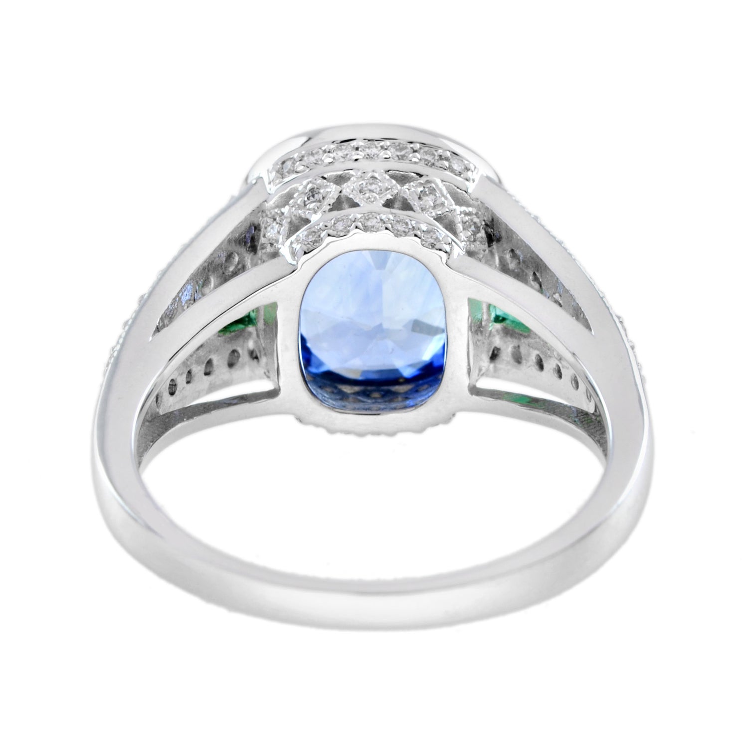 Cushion Certified Ceylon Blue Sapphire Emerald Diamond Solitaire White Gold Ring