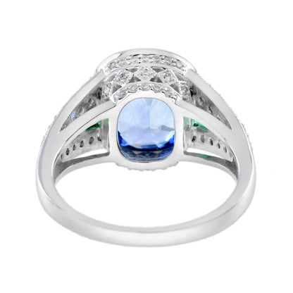 Cushion Certified Ceylon Blue Sapphire Emerald Diamond Solitaire White Gold Ring