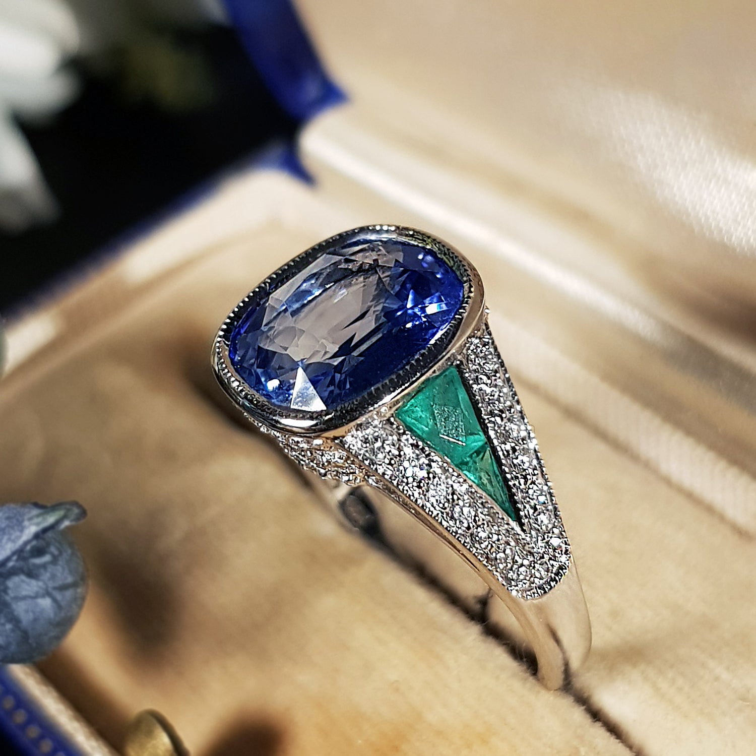 Cushion Certified Ceylon Blue Sapphire Emerald Diamond Solitaire White Gold Ring