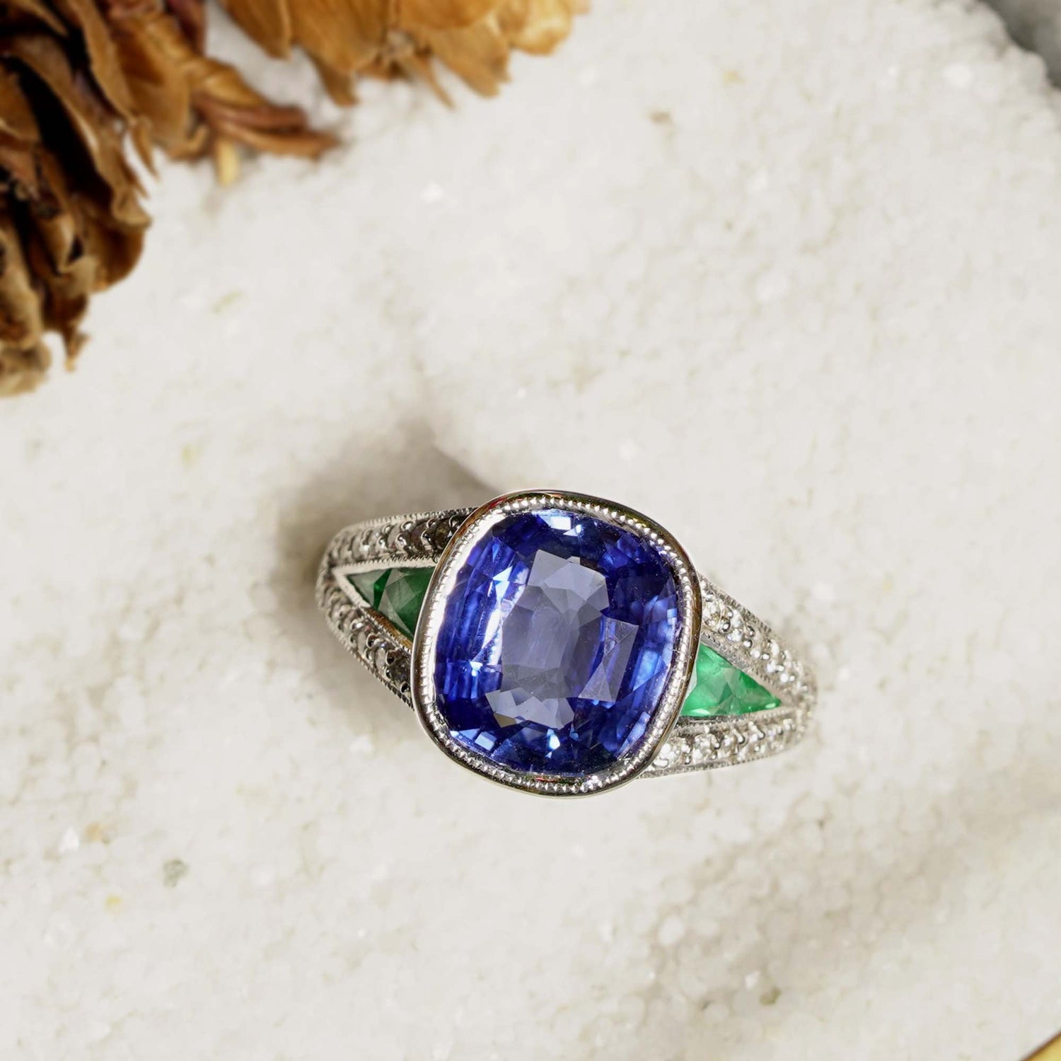 Cushion Certified Ceylon Blue Sapphire Emerald Diamond Solitaire White Gold Ring