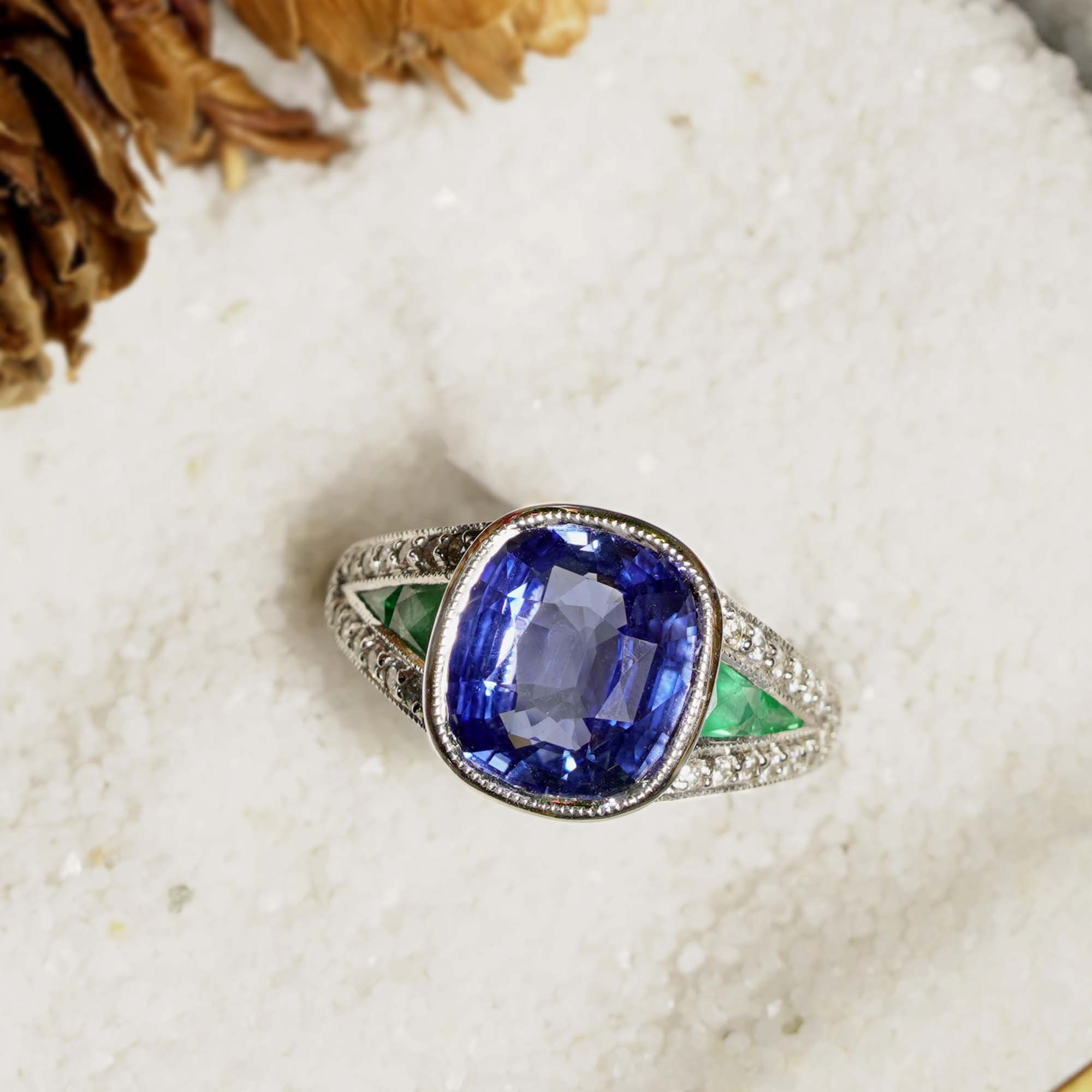 Cushion Certified Ceylon Blue Sapphire Emerald Diamond Solitaire White Gold Ring