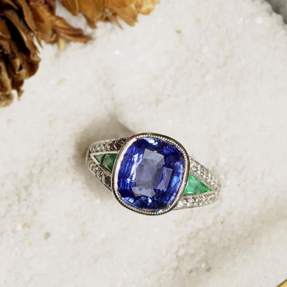 Cushion Certified Ceylon Blue Sapphire Emerald Diamond Solitaire White Gold Ring