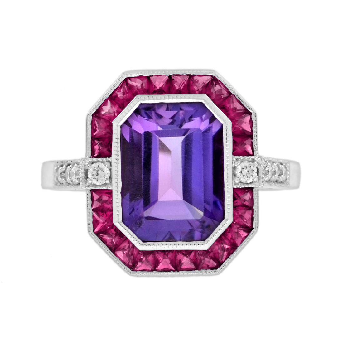 Octagon Amethyst Ruby Diamond Art Deco Style Halo Set 14K White Gold Ring