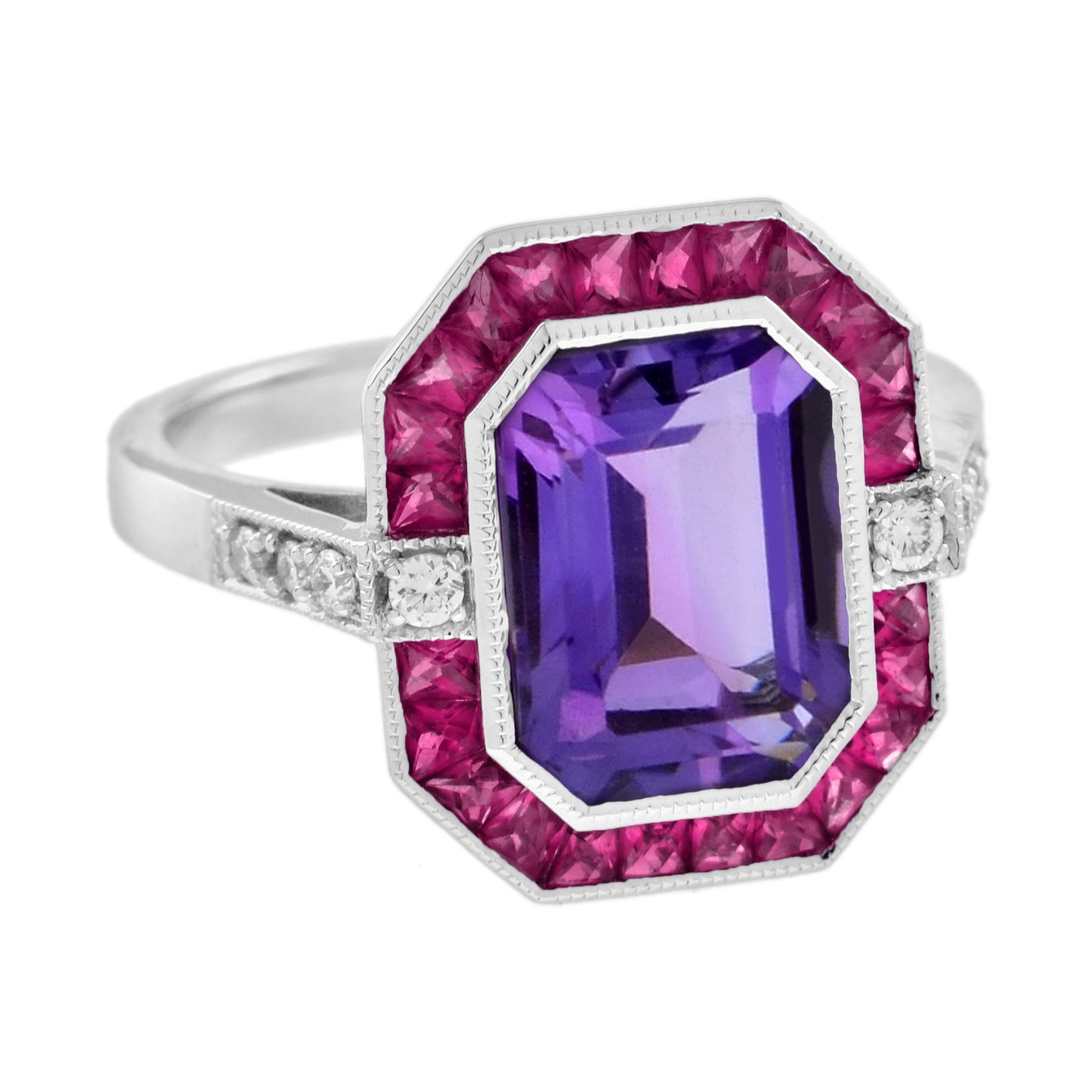 octagon amethyst ruby diamond art deco style halo set 14k white gold ring