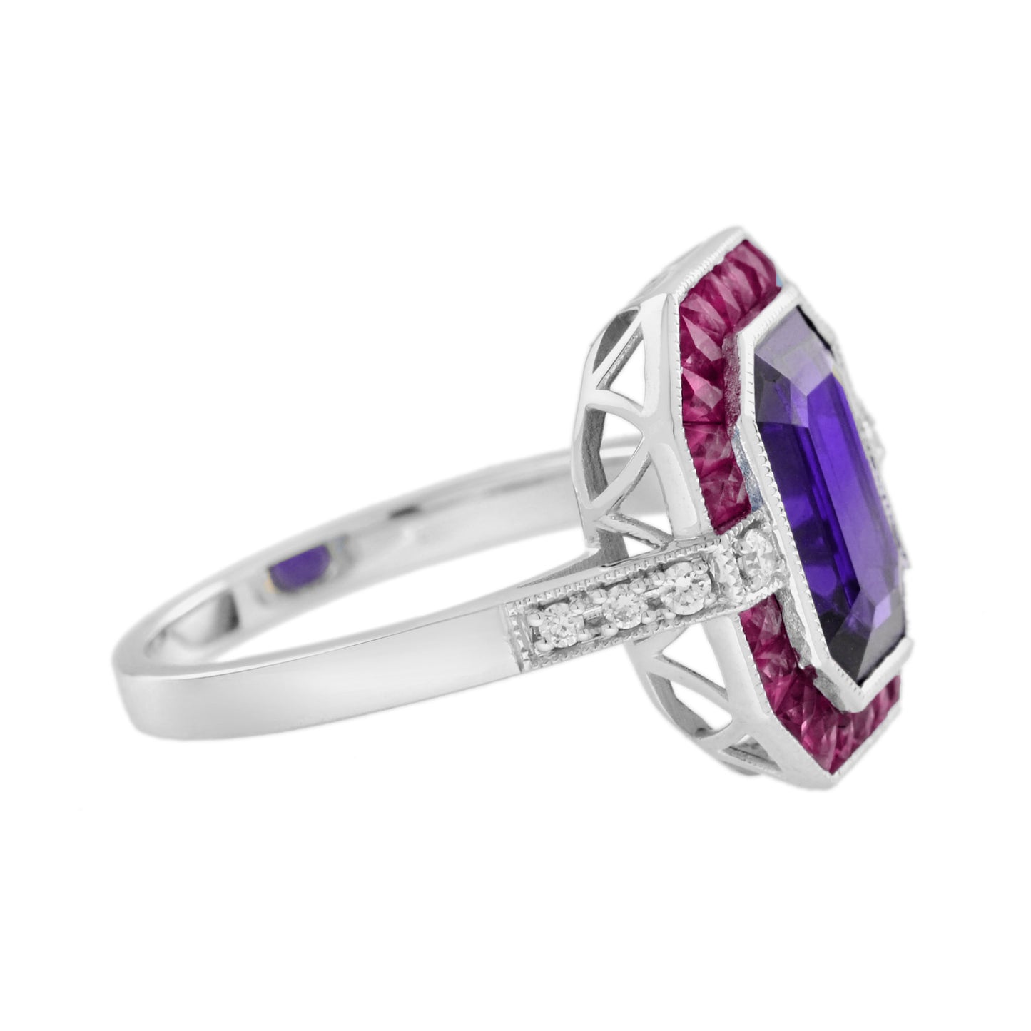 octagon amethyst ruby diamond art deco style halo set 14k white gold ring