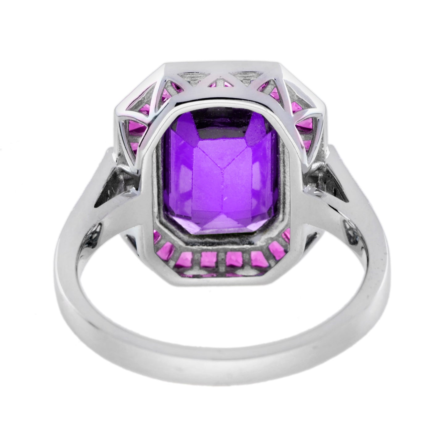 octagon amethyst ruby diamond art deco style halo set 14k white gold ring