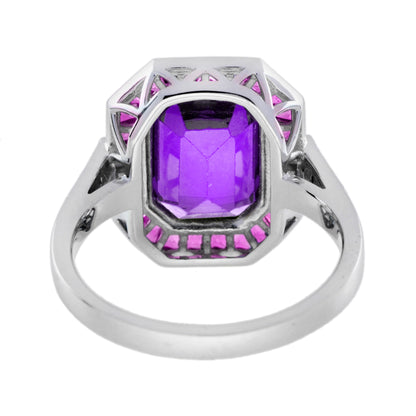 Octagon Amethyst Ruby Diamond Art Deco Style Halo Set 14K White Gold Ring