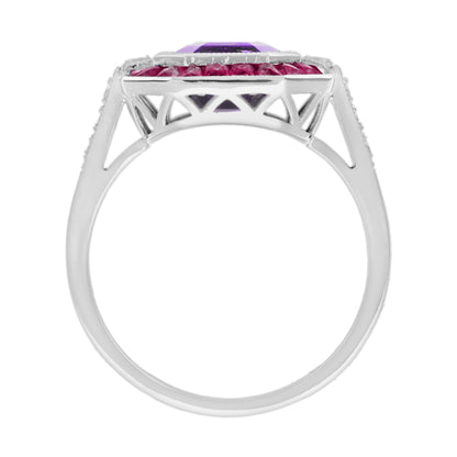 Octagon Amethyst Ruby Diamond Art Deco Style Halo Set 14K White Gold Ring