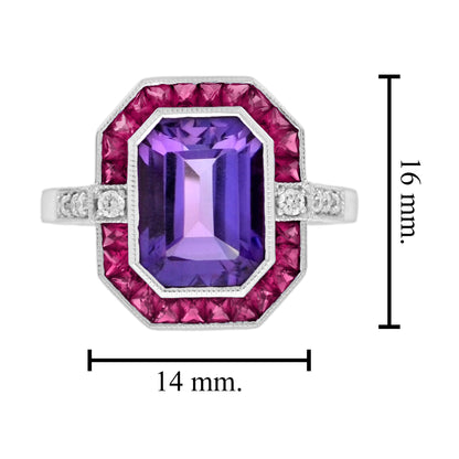 Octagon Amethyst Ruby Diamond Art Deco Style Halo Set 14K White Gold Ring