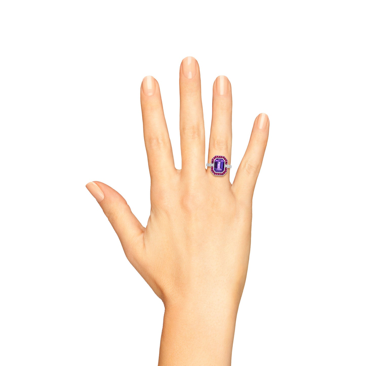 octagon amethyst ruby diamond art deco style halo set 14k white gold ring