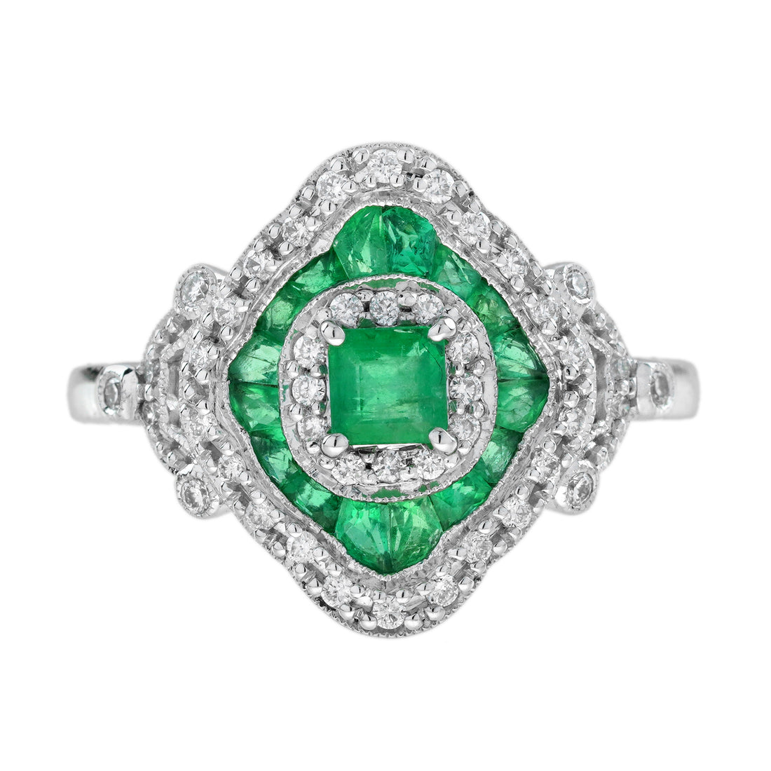 Green Emerald & Diamond Vintage Inspired Edwardian Style White Gold Unique Ring