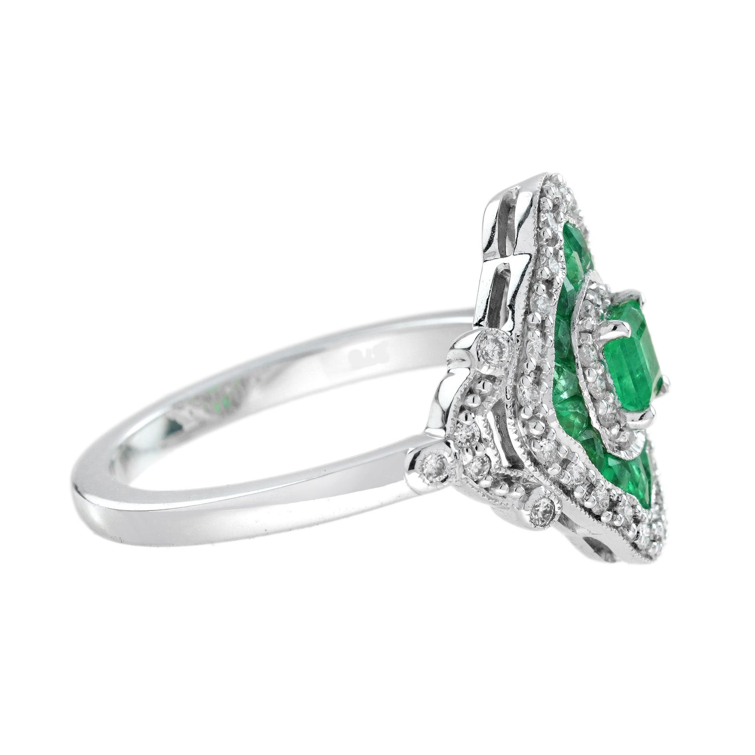 Green Emerald &amp; Diamond Vintage Inspired Edwardian Style White Gold Unique Ring