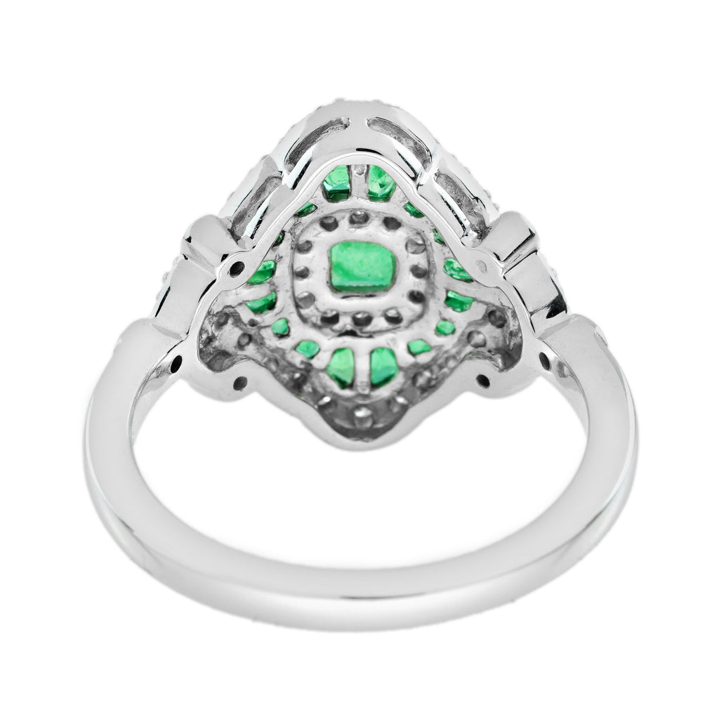 Green Emerald & Diamond Vintage Inspired Edwardian Style White Gold Unique Ring