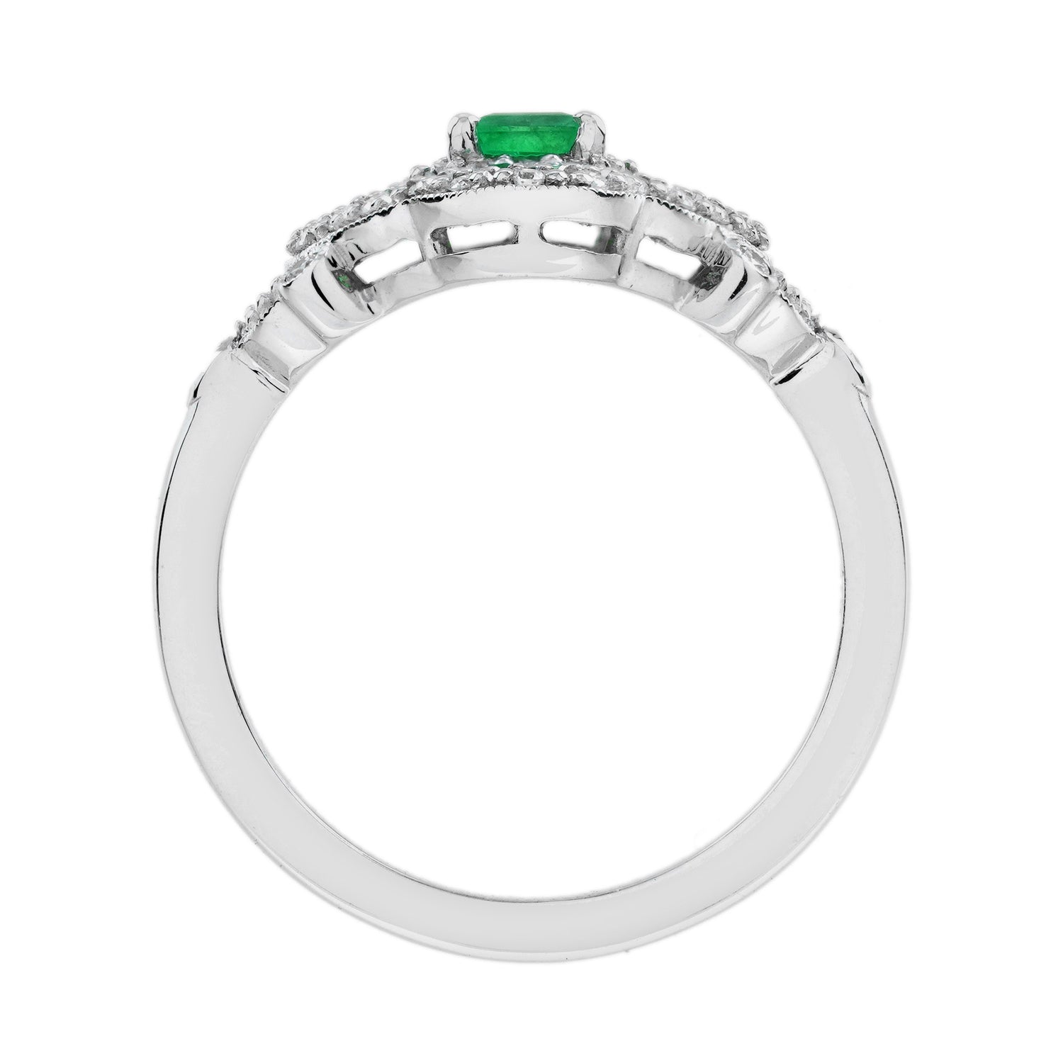 Green Emerald &amp; Diamond Vintage Inspired Edwardian Style White Gold Unique Ring
