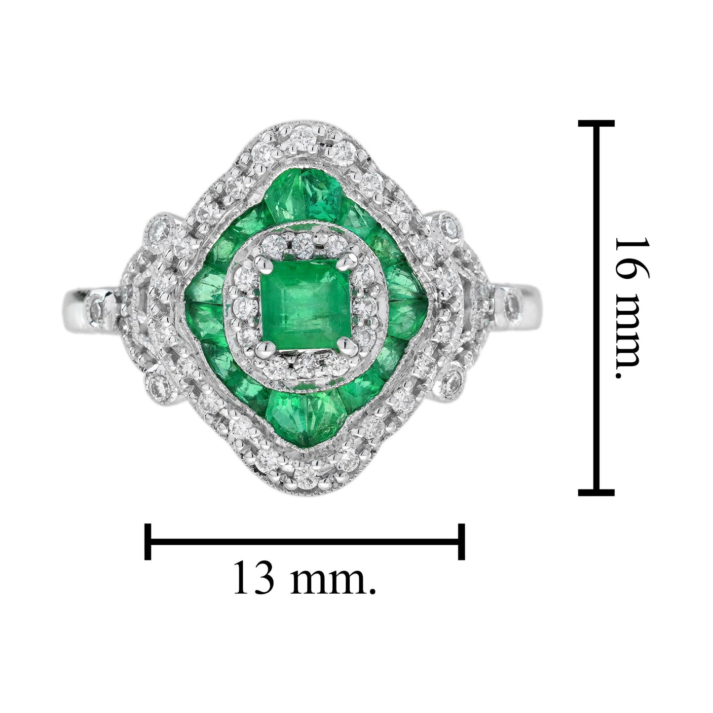 green emerald & diamond vintage inspired edwardian style white gold unique ring