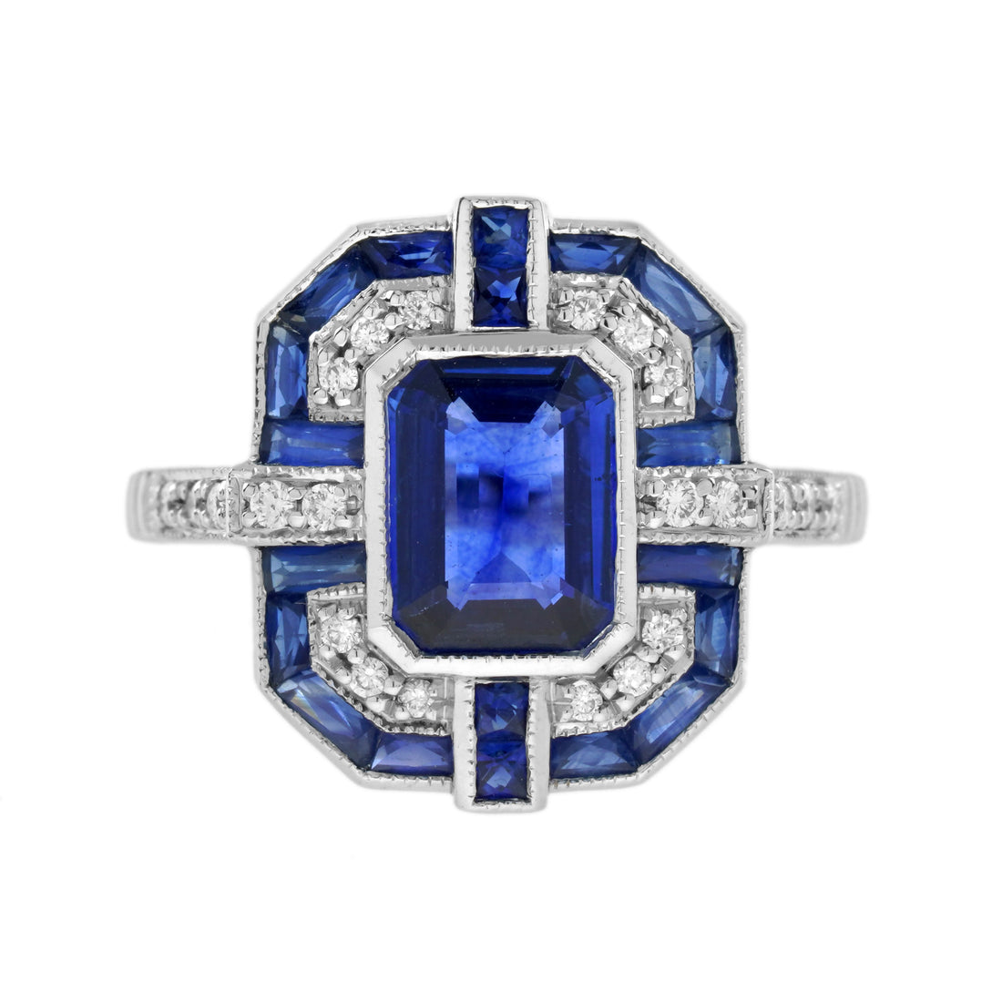 Emerald Cut Blue Sapphire &amp; Diamond Art Deco Geometric Style 14K White Gold Ring
