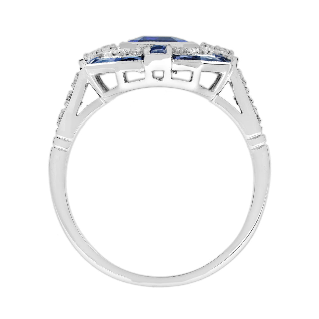 Emerald Cut Blue Sapphire & Diamond Art Deco Geometric Style 14K White Gold Ring